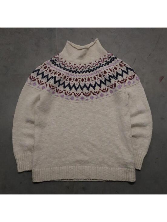 L.L. Bean Sweaters - L.L. Bean Fair Isle Sweater Womens Medium Mock Neck Cotton Cream Nordic Knit